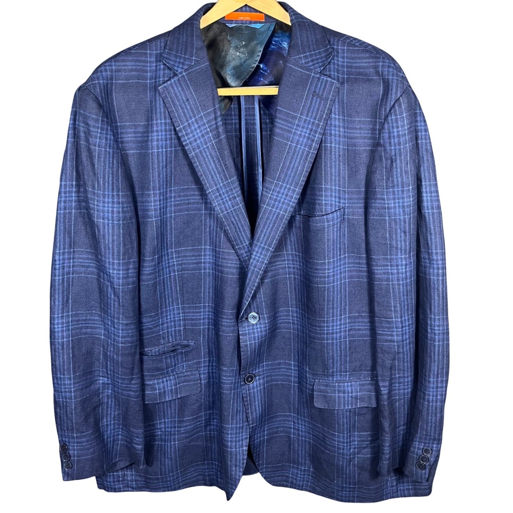 Tallia Sport Coat Mens 48R Blue Plaid 100% Linen 2-Button Galaxy Lining Blazer